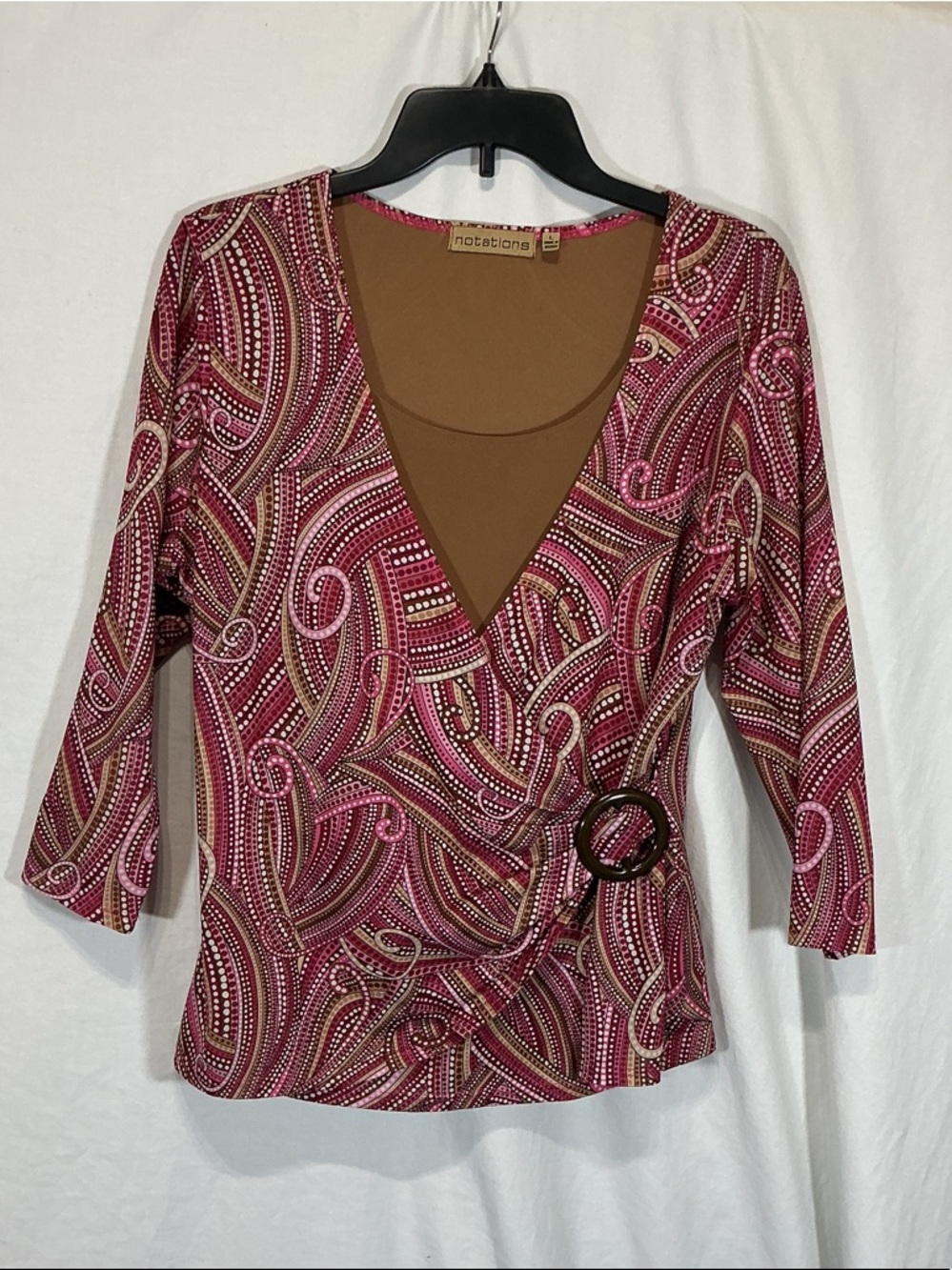 Notations Pink Swirl-Print Faux-Wrap Top with Decorative Ring